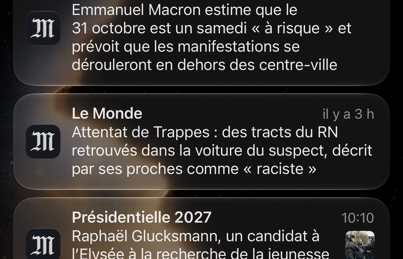 Notification initiale du Monde annonçant des tracts RN dans la voiture du suspect de Trappes